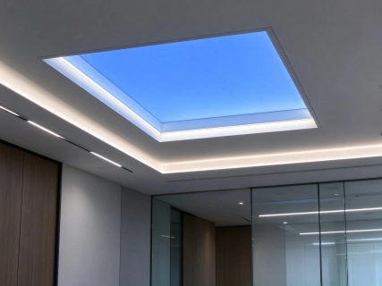 Artificial skylight panel system simulating natural daylight for commercial offices